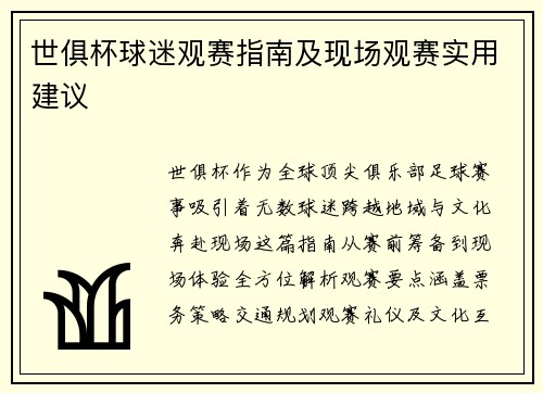 世俱杯球迷观赛指南及现场观赛实用建议