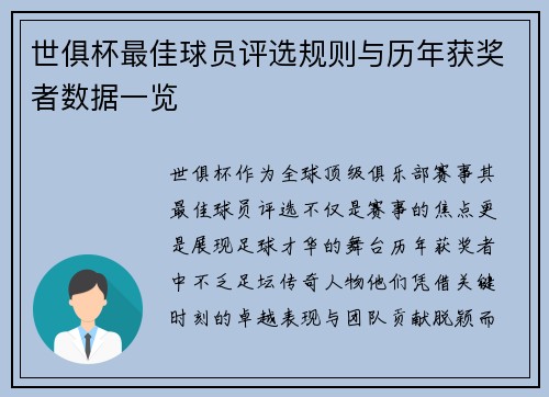 世俱杯最佳球员评选规则与历年获奖者数据一览