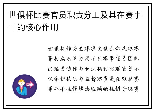 世俱杯比赛官员职责分工及其在赛事中的核心作用